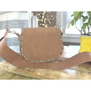 Kiss Me Couture Tan Faux‎ Suede Studded Turquoise Crossbody Saddle Bag Boho